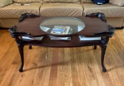 Antique Louis XV Style Coffee Table Featuring Carved Acanthus Details and Circular Glass Top