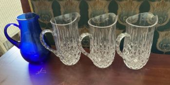 Cut Crystal Pitchers and Blue Glass Pitcher
