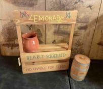 Small Lemonade Stand Shelf with Barrell Container and Hand-Made Mug
