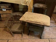 Antique School Desk and Wicker Childs Rocking Chair