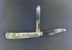 Case XX Old West 2 Blade Trapper Knife with Scrimshaw Smooth Bone Handle