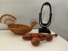 Hour Glass with Wooden Juggling Tools and Chicken Basket