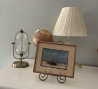 Brass Hour Glass, World Globe, Framed Pint and Crystal Lamp