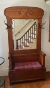 Antique Double Tiger Oak Art Nouveau Hall Tree with Beveled Mirror and Brass Hangers