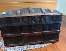 Antique Victorian Dome-Top Steamer Trunk with Embossed Metal and Oak Panels