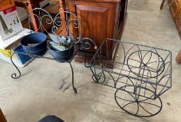 Metal Garden Cart Plant Stands with Glass Lantern Windchime