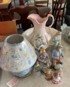 Porcelain Figurines with Table Lamp and Wash Basin-Water Pitcher Set