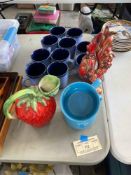 Mugs with Rooster Statue and Strawberry Pitcher