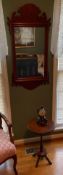 Vintage Mantle Clock with Round Accent Table and Framed Wooden Mirror