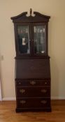 Vintage Dark Wood Secretary Desk with Double Door Curio Hutch