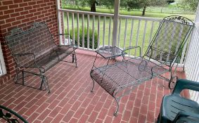Wrought Iron Glider Bench with Lounge Chairs and End Table