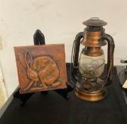 Vintage Hurricane Oil Lantern with Ceramic Relief Art Tile