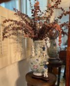 Vintage Chinese Famille Rose Porcelain Fertility Vase with Faux Plant and Stand