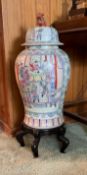 Large Chinese Famille Rose Porcelain Lidded Temple Jar with Stand