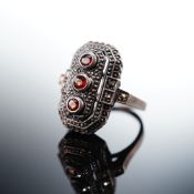 Art Deco Style Garnet and Marcasite Sterling Silver Ring