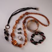 6pc Wood, Enamel, and Silver Tone Jewelry