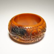 Carved Butterscotch Bakelite Floral Motif Bangle Bracelet