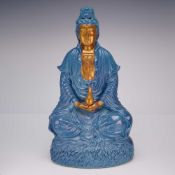 Robins Egg Blue and Gilt Porcelain Seated Guanyin