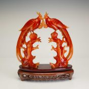 Japanese Orange Jade Birds of Paradise Figurine with Wooden Stand