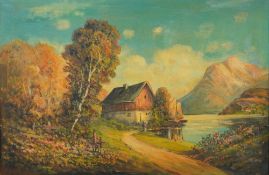 Framed Oil on Canvas Picturesque Landscape with Cottage by the Water
