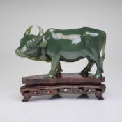 Chinese Spinach Green Jade Water Buffalo with Wooden Stand