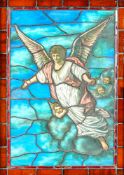 Stained Glass Window w/ Guardian Angel Holding a Palm & Cherubs