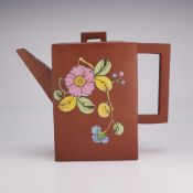 Chinese Yixing Pottery Rectangular Form Teapot, Enamel Flowers