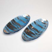 2pc Annieglass by Annie Morhauser Blue and Silver Striped Slumped Art Glass Oval Trays