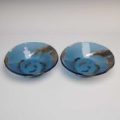 2pc Annieglass by Annie Morhauser Blue and Silver Striped Slumped Art Glass Bowls