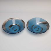 2pc Annieglass by Annie Morhauser Blue and Silver Striped Slumped Art Glass Bowls