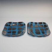2pc Annieglass by Annie Morhauser Blue and Silver Striped Slumped Art Glass Square Plates