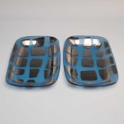 2pc Annieglass by Annie Morhauser Blue and Silver Striped Slumped Art Glass Trays