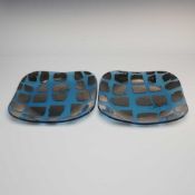 2pc Annieglass by Annie Morhauser Blue and Silver Striped Slumped Art Glass Square Plates