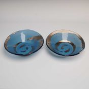 2pc Annieglass by Annie Morhauser Blue and Silver Striped Slumped Art Glass Bowls