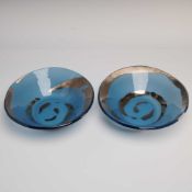 2pc Annieglass by Annie Morhauser Blue and Silver Striped Slumped Art Glass Bowls