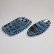 2pc Annieglass by Annie Morhauser Blue and Silver Striped Slumped Art Glass Trays