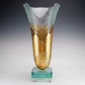 Salvatore Polizzi Etched Glass with Gold Wave Vase on Crystal Pedestal Base