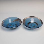 2pc Annieglass by Annie Morhauser Blue and Silver Striped Slumped Art Glass Bowls