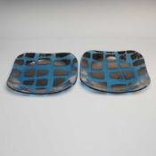 2pc Annieglass by Annie Morhauser Blue and Silver Striped Slumped Art Glass Square Plates