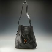 Paloma Picasso Black Leather Drawstring Bucket Purse