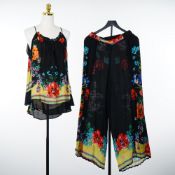Johnny Was Two-Piece Floral Print Tunic and Wide-Leg Pant Ensemble