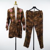 A Johnny Was Floral Camo Embroidered Yuki Kimono and Jewel Jogger Pant Two Piece Ensemble