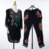 Johnny Was and JW Los Angeles Two Piece Floral Embroidered Tunic and Pants Ensemble Size S