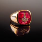 10K Yellow Gold Masonic Signet Ring with Synthetic Ruby by Mecca