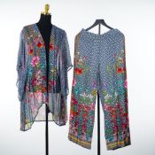 Johnny Was California Two Piece Bohemian Style Floral Print Kimono and Pants Ensemble