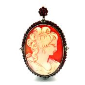 Antique Bohemian Vermeil Over 900 Silver Garnet and Pearls Cameo Brooch