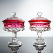 Pair of Indiana Glass Ruby-Stained Covered Candy Dishes, King's Crown Pattern