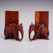 Set of 2 Hand-Carved Wooden Elephant Bookends