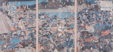 Utagawa Yoshitora (Active c. 1850-1880) Framed Japanese Ukiyo-e Woodblock Triptych, Battle of Saijoy