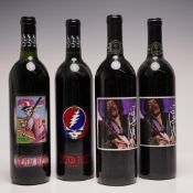 4pc Grateful Dead and Jimi Hendrix De-alcoholized Rock 'n Roll Music Band Collectible Wine Bottles